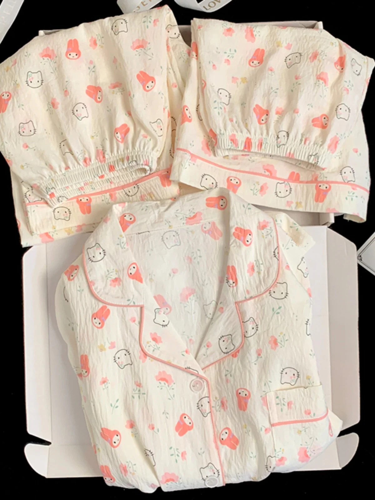 Hellokit Pajamas Women's Summer Cotton Gauze Short-Sleeved Cartoon Cute Melody Three-Piece Homewear |