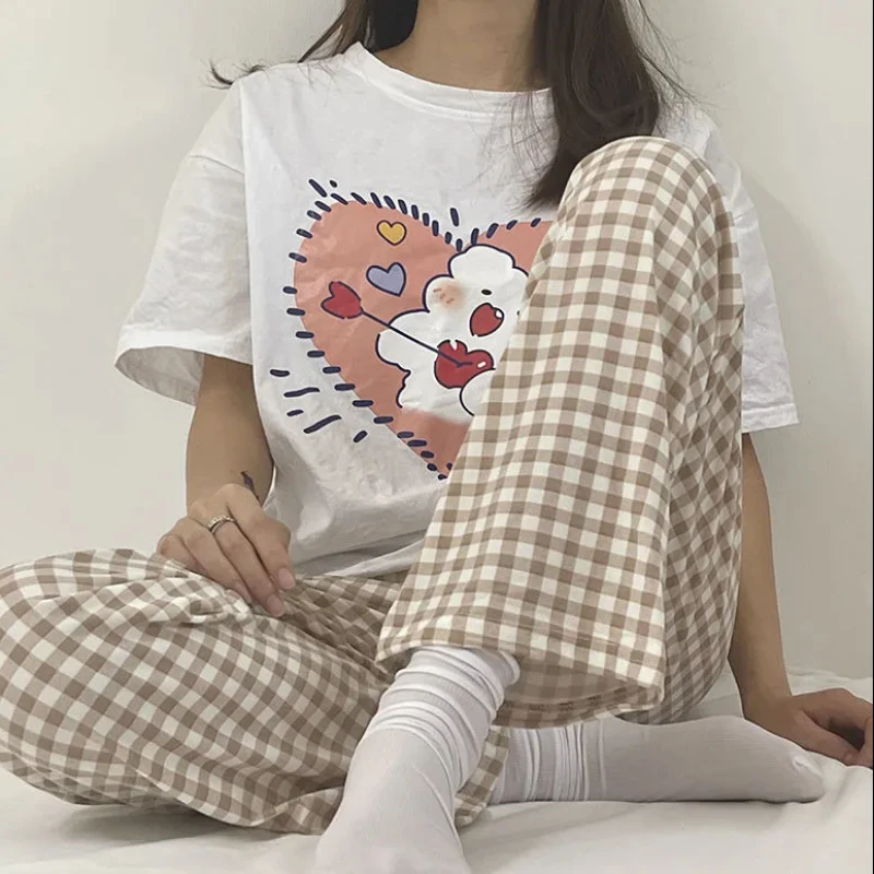 

Vintage Summer Beige Plaid Pants Women Thin Casual Oversize Wide Leg Trousers Japanese Home Teens Kawaii Straight Trouser