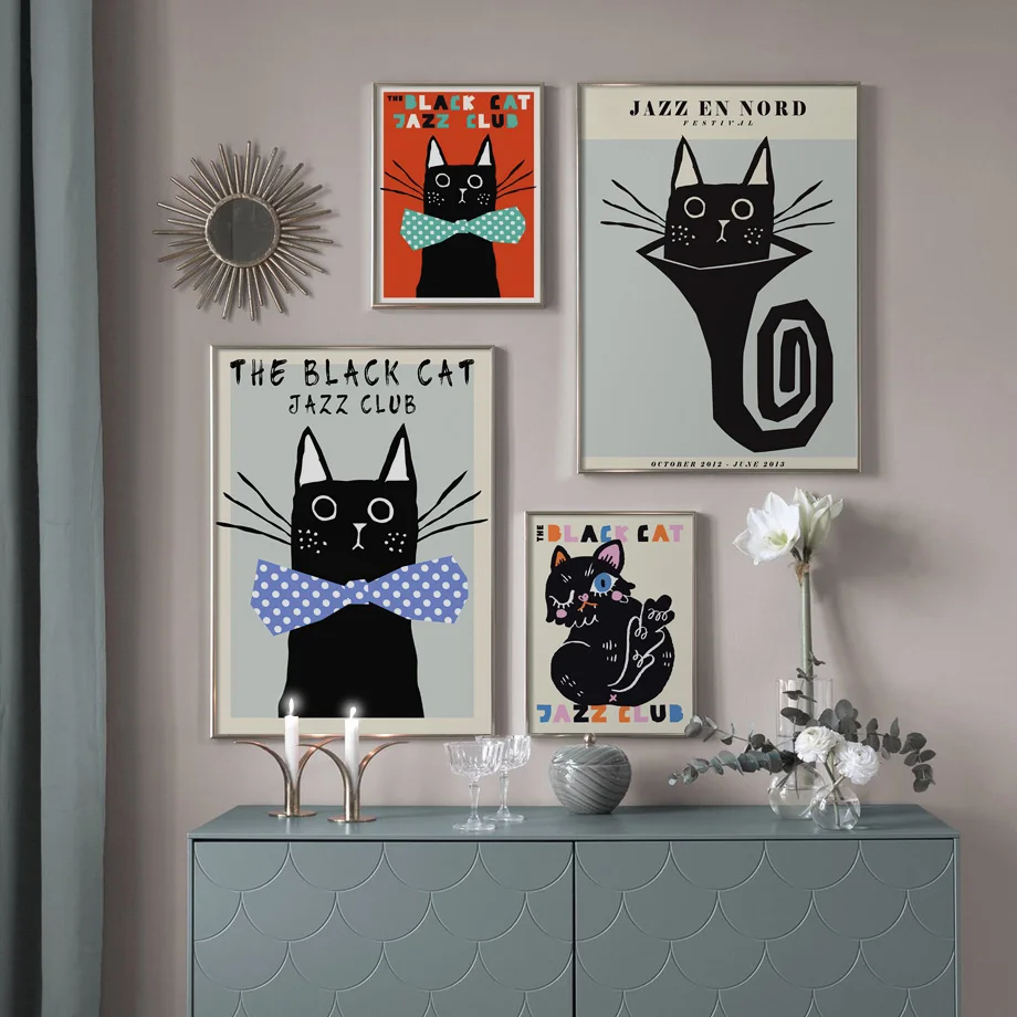 

Black Cat Jazz Club Wall Art Canvas Painting Nordic Posters And Prints Modern Gallery Wall Pictures For Living Room Decoration