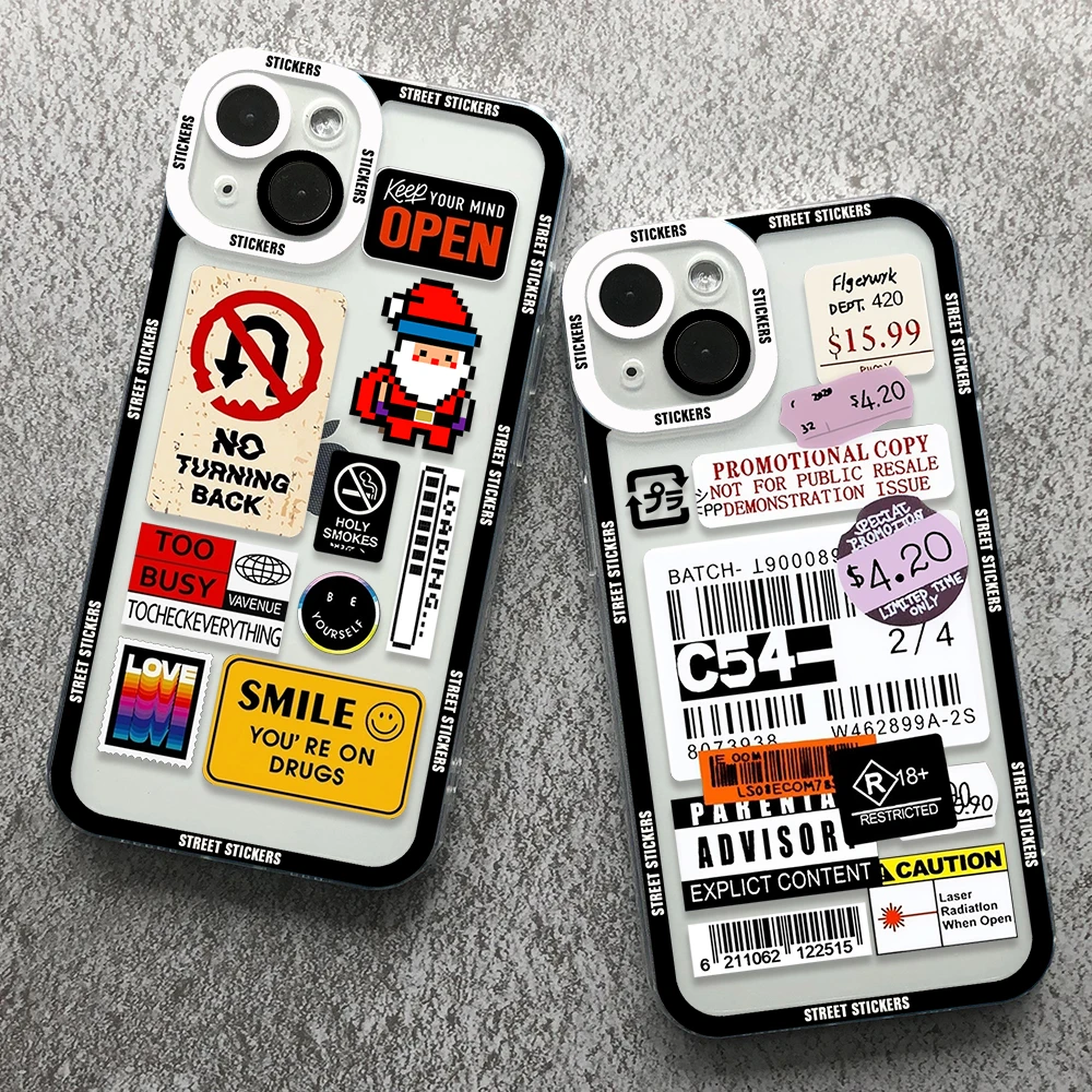 

Street Fashion Stickers Phone Case For iPhone 14 13 12 11 Mini Pro Max XS X XR SE 7 8 Plus Transparent Cover