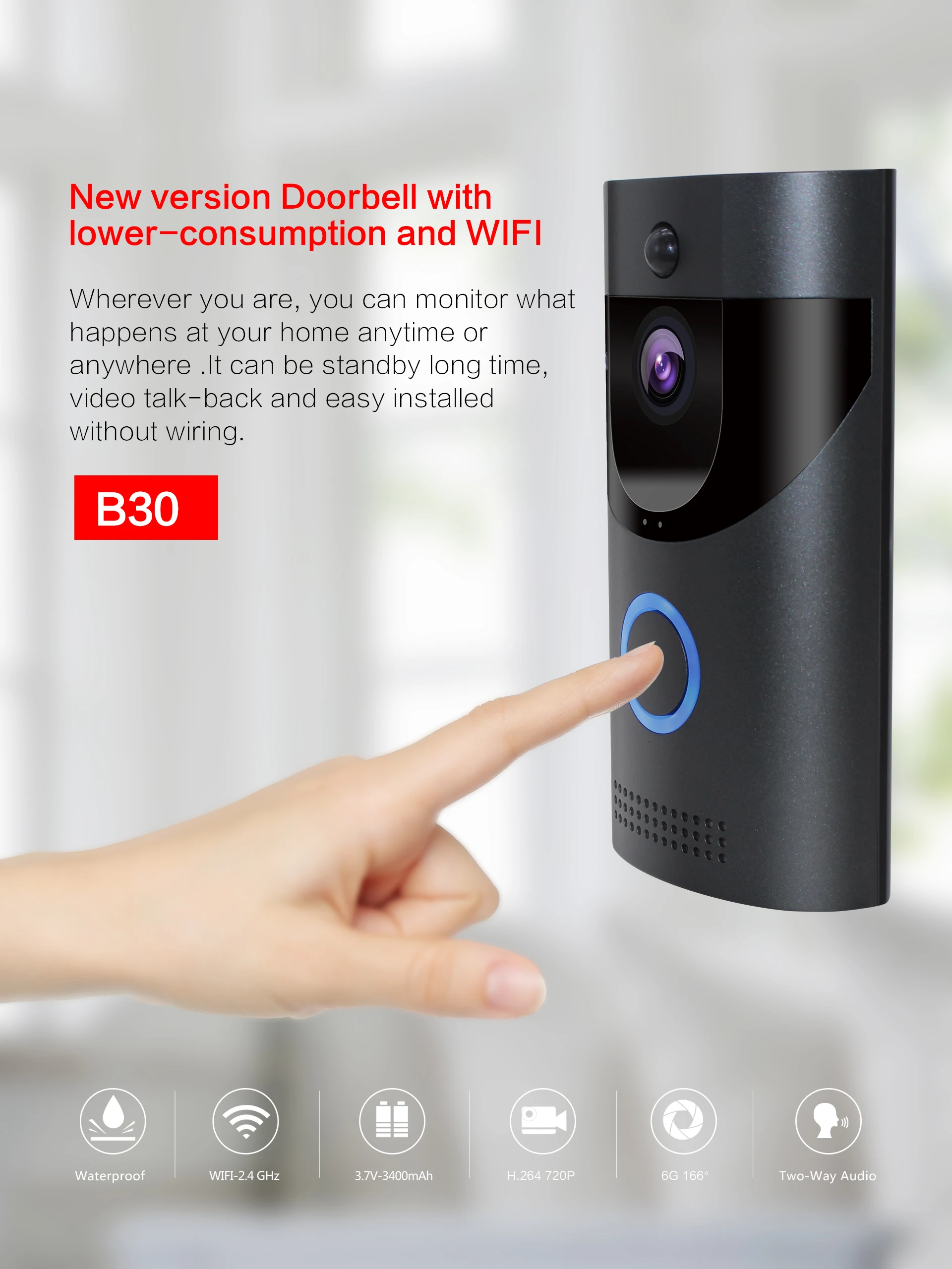 Фото 2 МП 1080P B30 Tuya, питание от батареи, Wi-Fi IP-видеодомофон, длительное время работы в режиме ожидания, домофон, видеоглазок для входной двери. №2