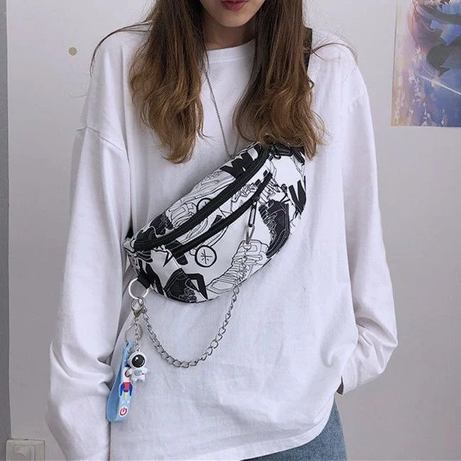 

Japanese Harajuku Style Hottie Chest Bag Female Korean Versatile Graffiti Waist Bag Student Messenger Bag Personalized Chain Bag