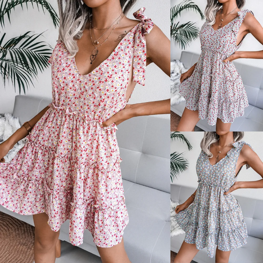 

Summer Women Short Skirts Vacation Casual Strapping V-neck Sleeveless Middle-waisted Floral Chiffon A-line Dresses