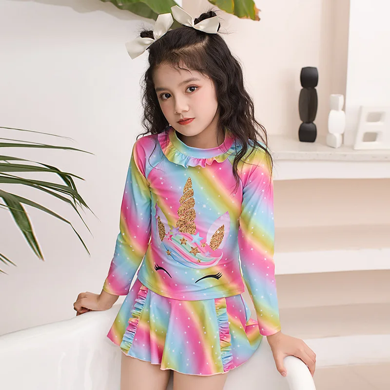 

Summer Baby Girl Swimsuit Sweet Long Sleeve Bathing Suits 2 Pieces Beach Wear Quick Dry Cute Girls Swimwear Swiming Suit