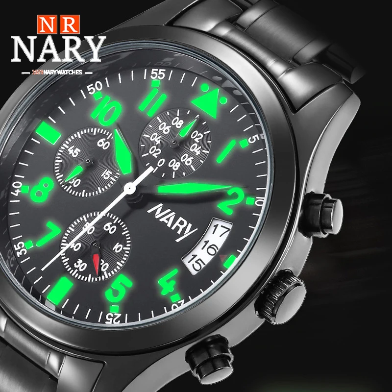 NARY Fashion Business Men Watch Stainless Steel High Quality Luxury Push Button Hidden Clasp Waterproof Calendar Wristwatch 8005 enlarge