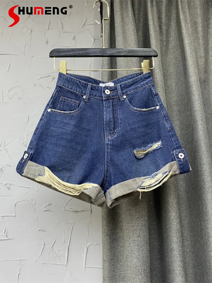 

New 2022 Summer Fashion Streetwear Holes Curling Denim Shorts Women's Korean Style Vintage Tassel Simple A- Line Blue Hot Pants