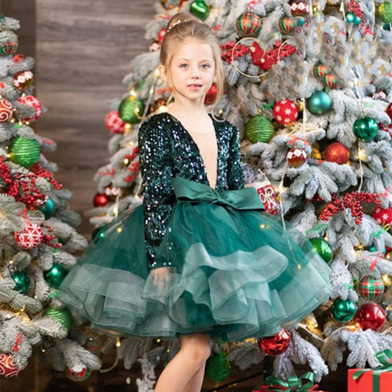 

Young Girls Dresses for Children 2023 Kid Wedding Clothes Long Sleeved Princess Host Performance Flower Clothing Red and Green