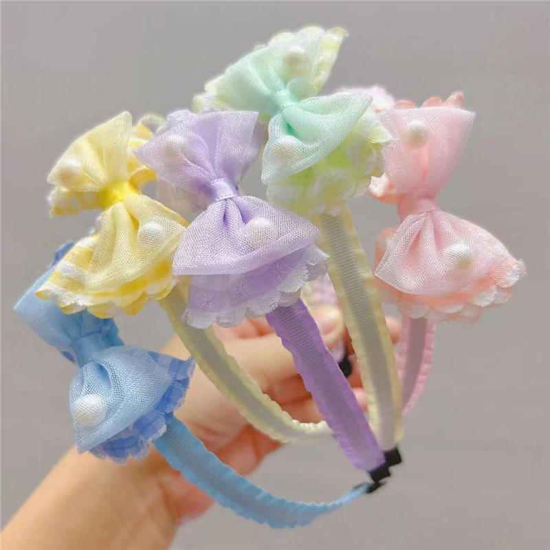 

10Pcs/Lot Children's Hair Hoop Little Fresh Girl Pearl Hair Bundle Plaid Non-Slip Pressure Hairbands Princess Bow Headband