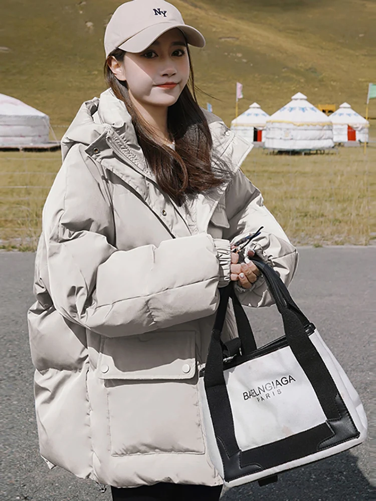 Autumn Winter Thicken Warm Medium Long Chic Parka Women Casual Sweety Solid Color Big Pocket Loose Hooded Coat Jackets Outwear