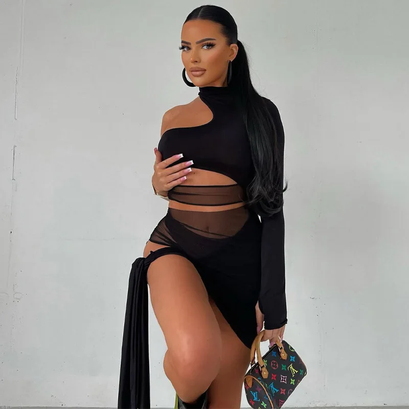 

2022 Black Mesh Hollow Out Mini Party Dress Bodycon Bandage See Through Long Sleeve Summer Women Dresses Club Y2K