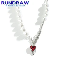 rundraw fashion silver color women red crystal heart love pearl necklace fashion necklace party gifts necklace