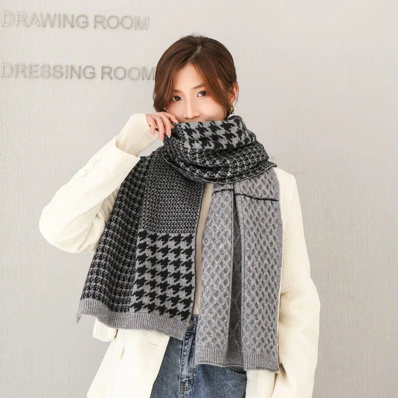 Зимний толстый теплый клетчатый шарф для женщин винтажного стиля с узором ласточки, пэшмина-шаль с геометрическим узором, вязаный длинный платок-одеяло размером 185*35 см.