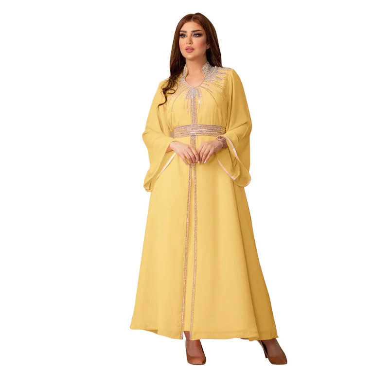 Eid Dubai Muslim Party Dress Women Abaya Stand Collar Diamond Dubai Abayas Diamond Kaftan Elegant Robe Vestidos Turkey Gown 2023