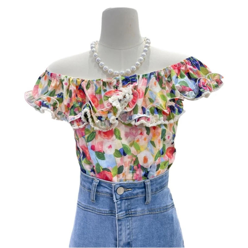 

Summer Cotton Floral Printed Tops Design Sense Slash Neck Lotus Collar Feminine Sleeveless Gentle Slim Sweet Shirts Blouses