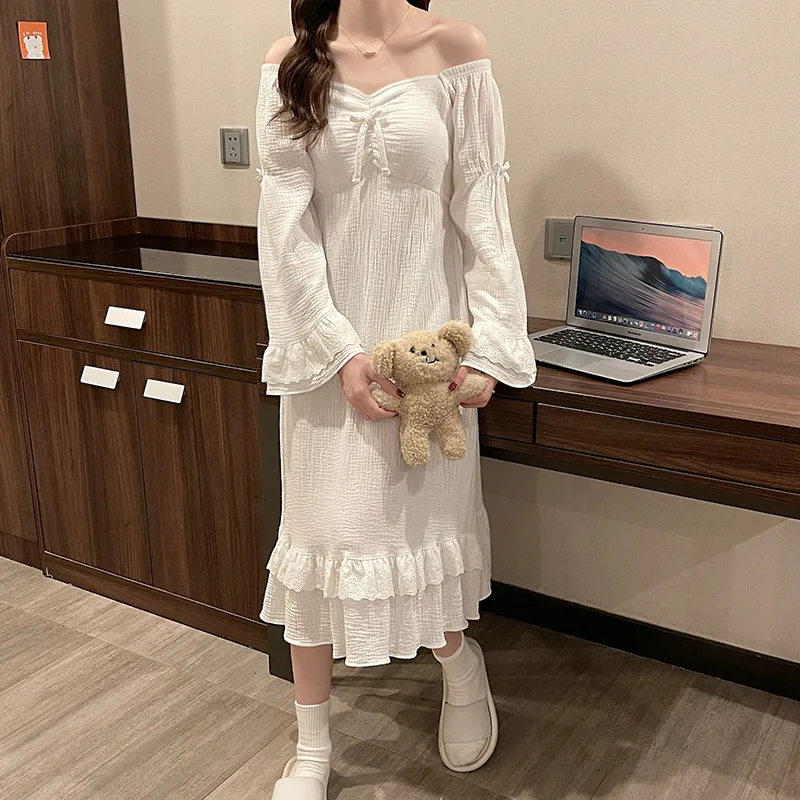 

Женская хлопковая Ночная рубашка в дворцовом стиле, элегантная повседневная свободная ночная рубашка с длинным рукавом, удобный пеньюар, в...