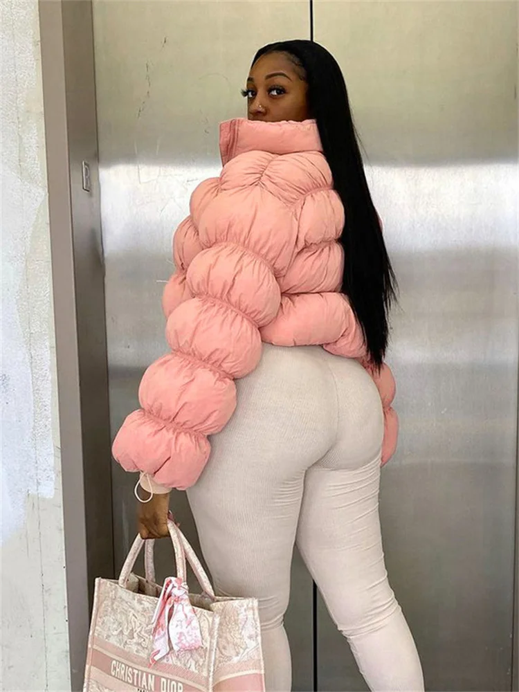 Casual Winter Long Sleeve Zipper Crop Top Bubble Pink Puffer Jacket For Women Outfits Fashion Outdoor Keep Warm Coats Wholesale