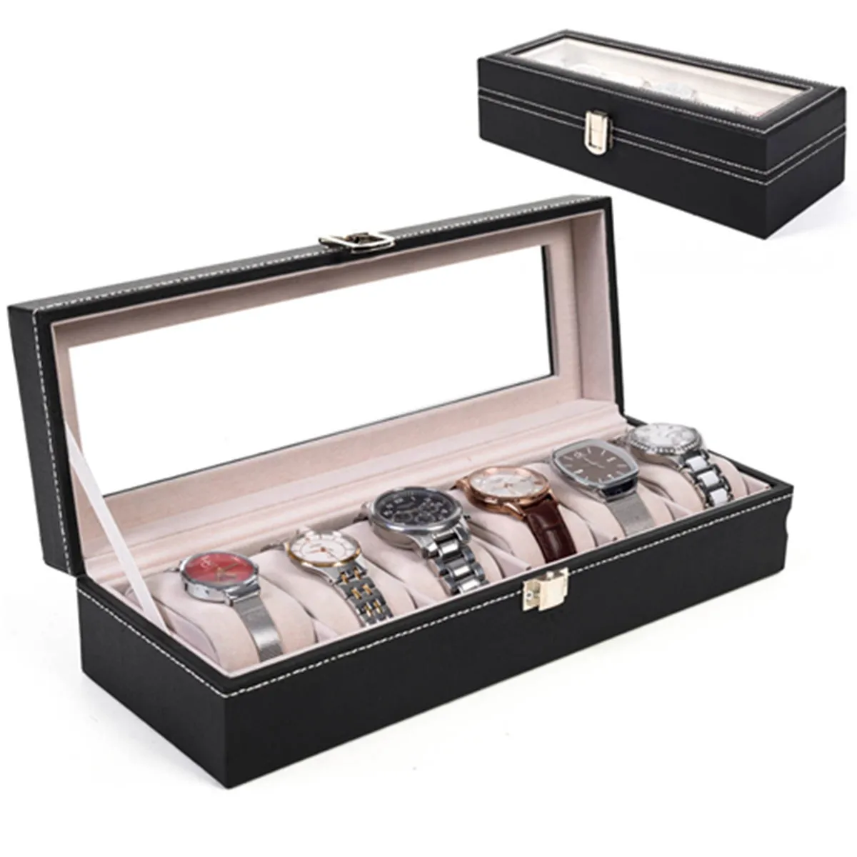 6 Grids Watch Box PU Leather Watch Case Holder Organizer Storage Box for Quartz Mechanic Watches Jewelry Boxes Display Best Gift