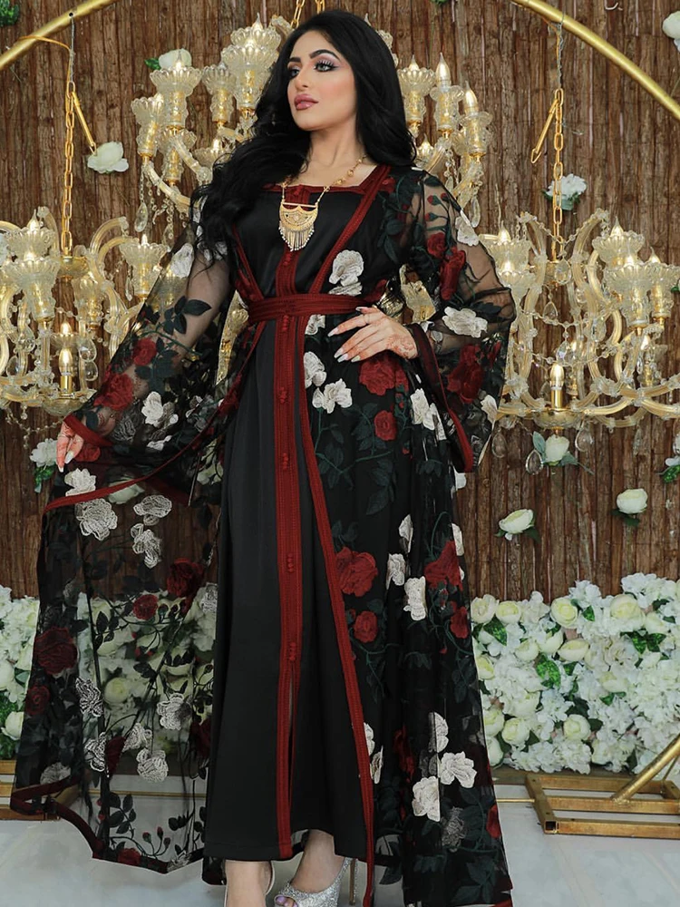 Siskakia Full Body Embroidered Lace Mesh Abaya Set Dubai Arabic Turkish Noble Kaftan Long Dress Muslim Islamic Women Clothing