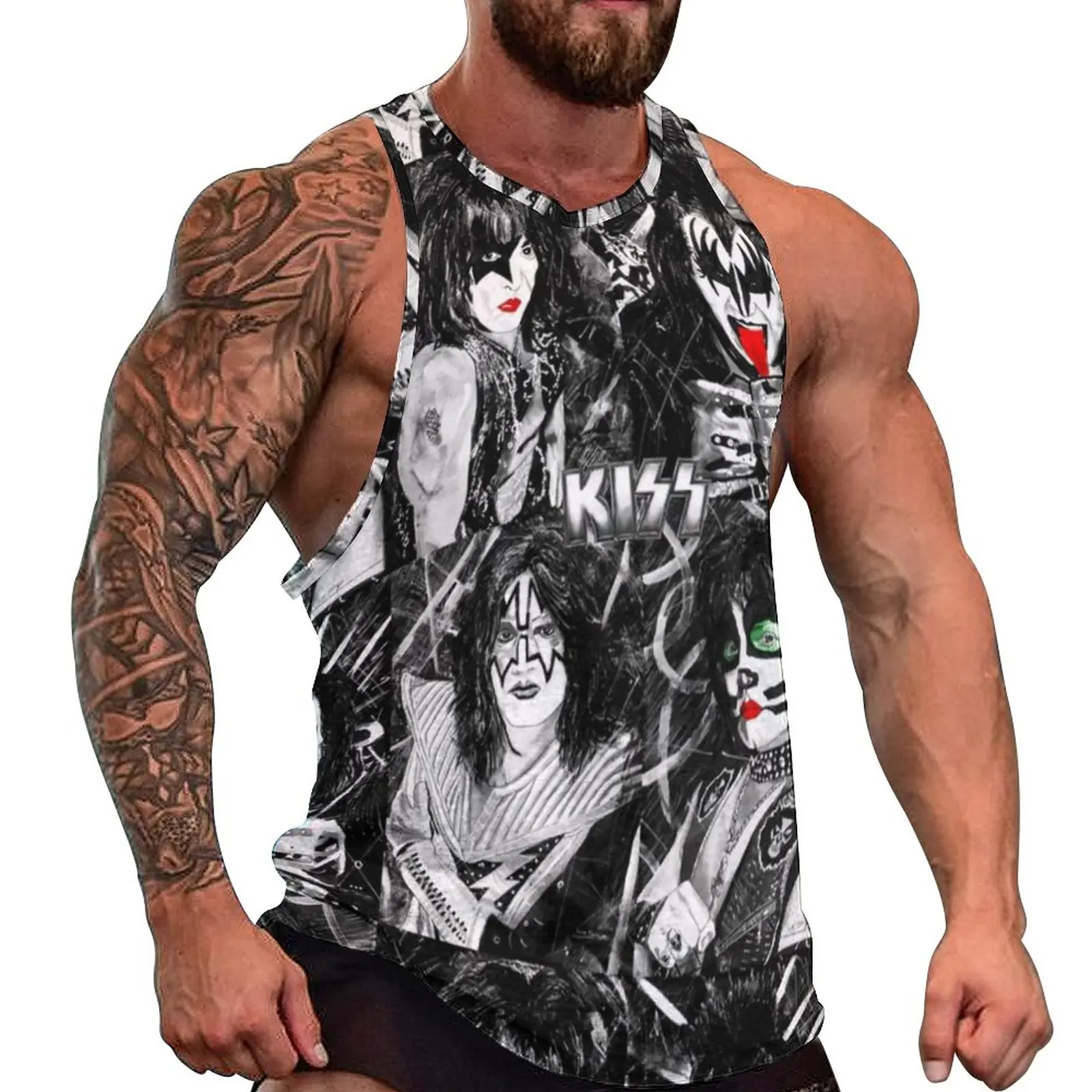 

Kiss Band Print Tank Top Men Colour Splash with Logo Fashion Tops Daily Gym Custom Sleeveless Vests Plus Size