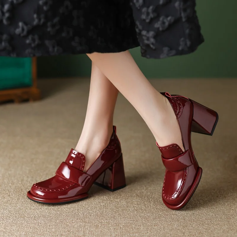 fashion patent leather shoes woman pumps thick high heels shoes woman round toe designer shoes red party dress shoes nude pumps