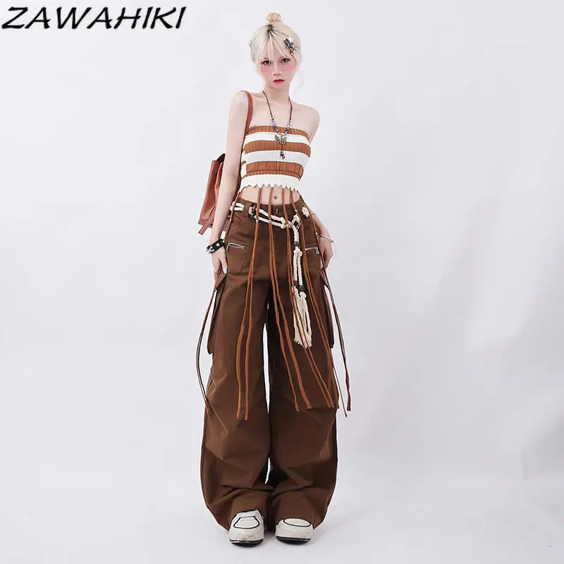 

Брюки-карго женские плиссированные с широкими штанинами и высокой талией