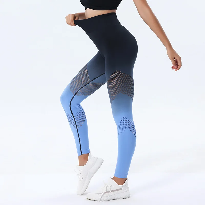 Yoga Women Hollow Out Gradient Leggings High Waist Cycling New Fitness Nylon High Waist Long Pants Push UP Tights Gym Clothing