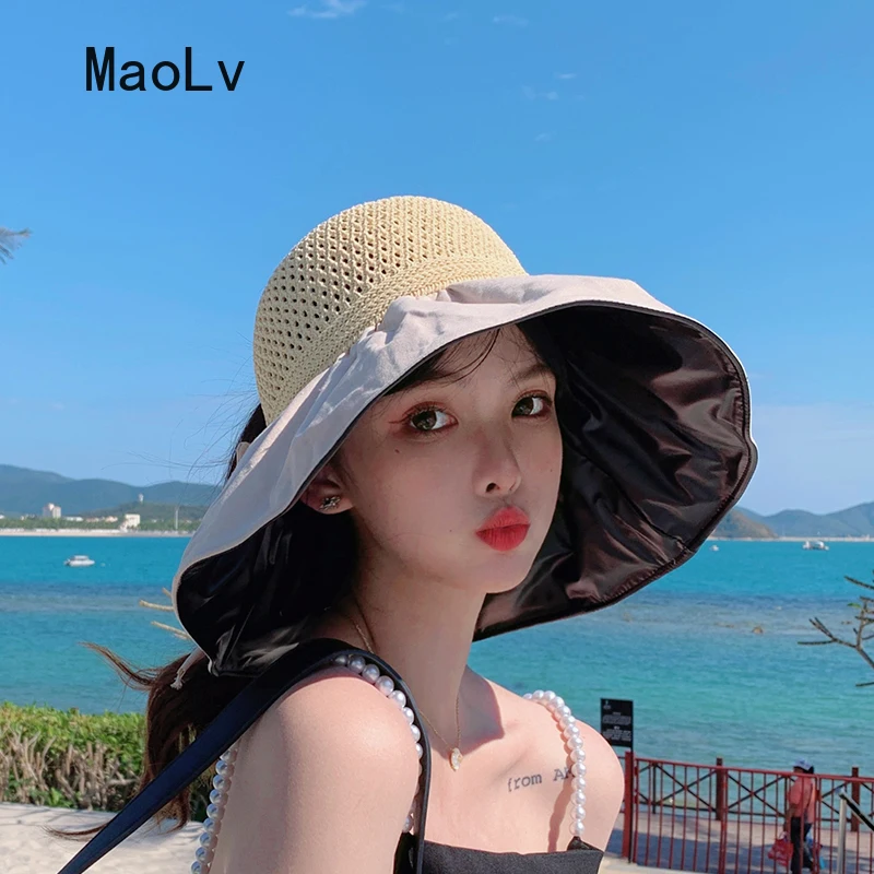 Summer Women Black Glue Sun-proof Straw Hat Korean Fashion Bow Beach Hats Women Large Wide Brim Visor Hat Ponytail Bucket Hat