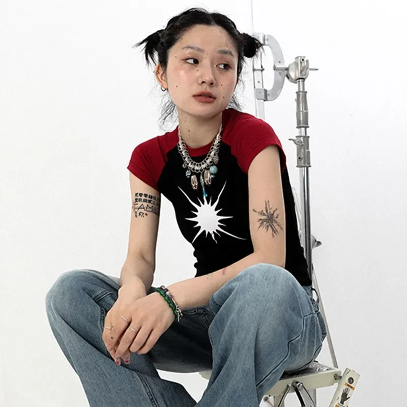 Karrram гранж пэчворк футболка винтажная корейская мода с коротким рукавом чай