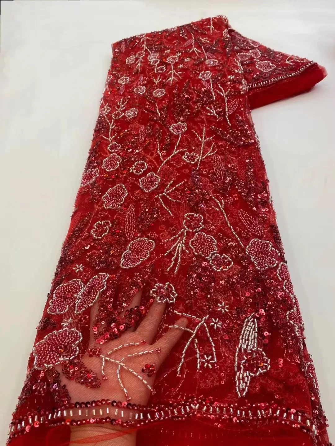 

2023 Latest Nigerian Sequin Lace Fabric Hand Beaded Lace Fabric Luxury French 3D Flower Embroidery Lace Fabric Wedding PL336-1