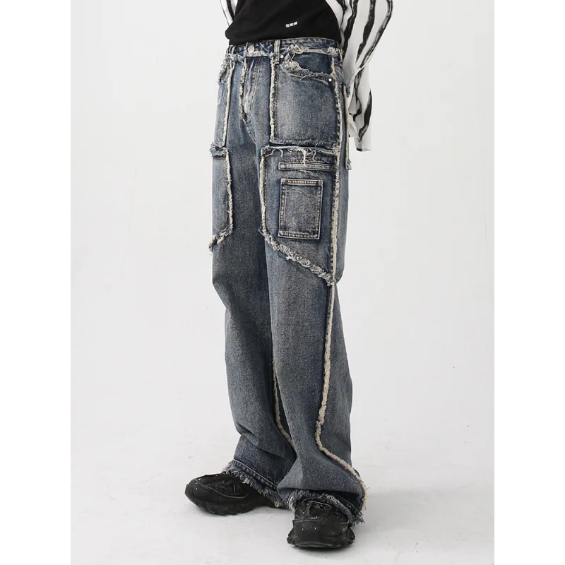 Autumn and Winter High Street Wide Leg Trousers Men's Pants New Autumn Vintage Wash Rough Edge Straight Tube Splicing Male Jeans