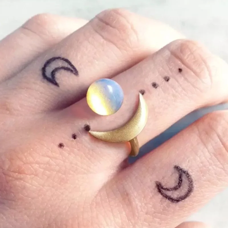 

Bohemian crescent Gold Opal moon ring white transparent stone simple ring