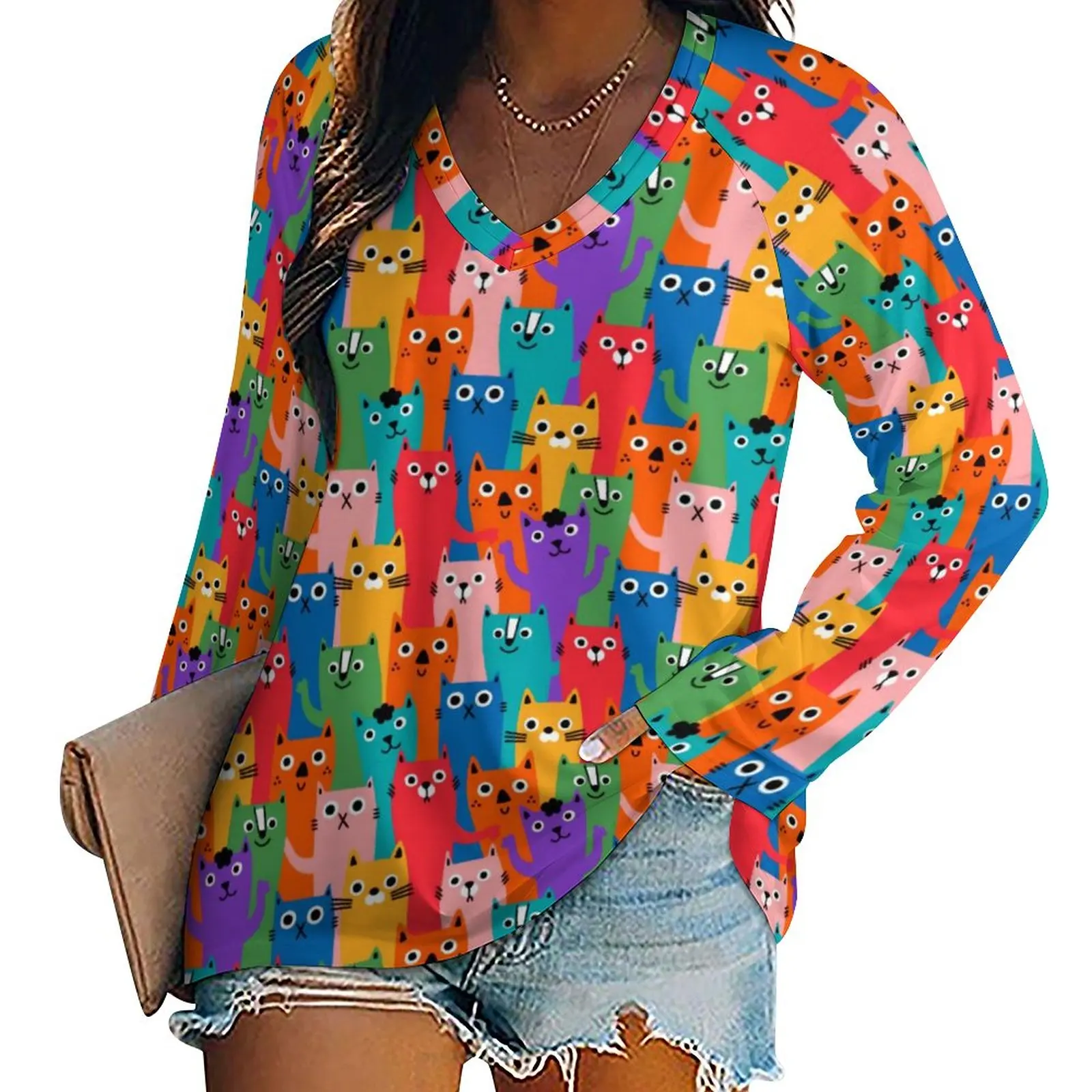 

Футболка женская с длинным рукавом и V-образным вырезом, с принтом животных