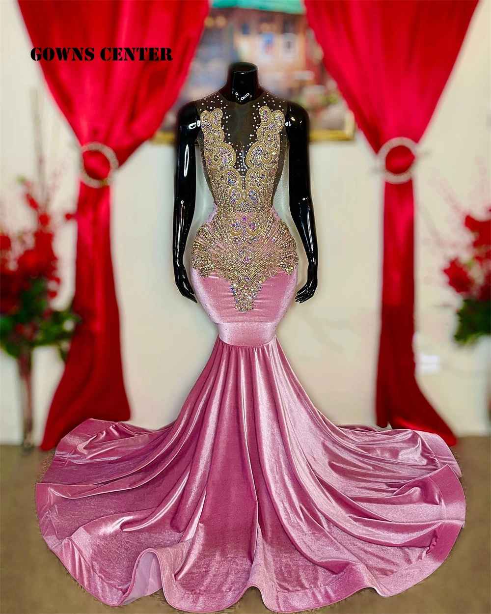 

Pink Velvet Prom Dresses Gold Crystal Appliques Luxury Evening Dress For Wedding Party Mermaid Black Girls vestidos de mujer