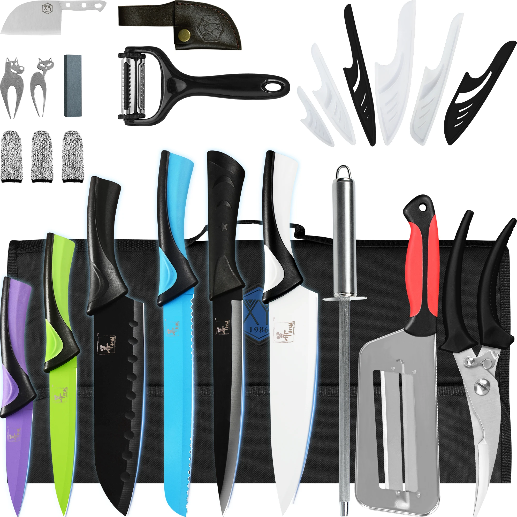 

Набор ножей шеф-повара 6 шт., набор профессиональных цветных кухонных ножей из нержавеющей стали с рулонной сумкой, для заточки, ножниц