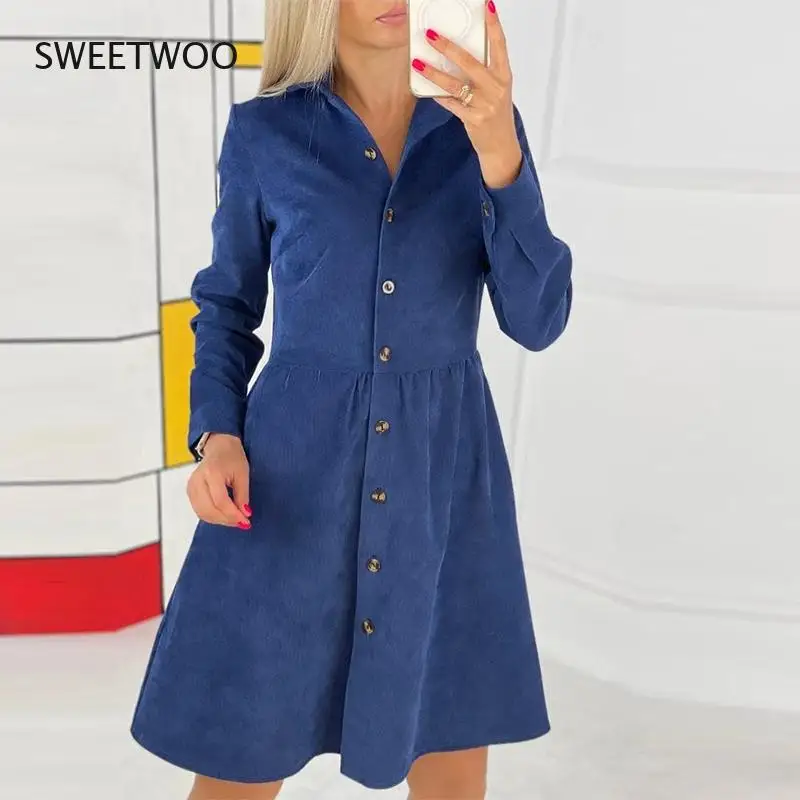 

Autumn Women's Retro Warm Corduroy Long-Sleeved Single-Breasted Shirt Dress Elegant V-Neck Loose Party Dress A-Line Loose Dress