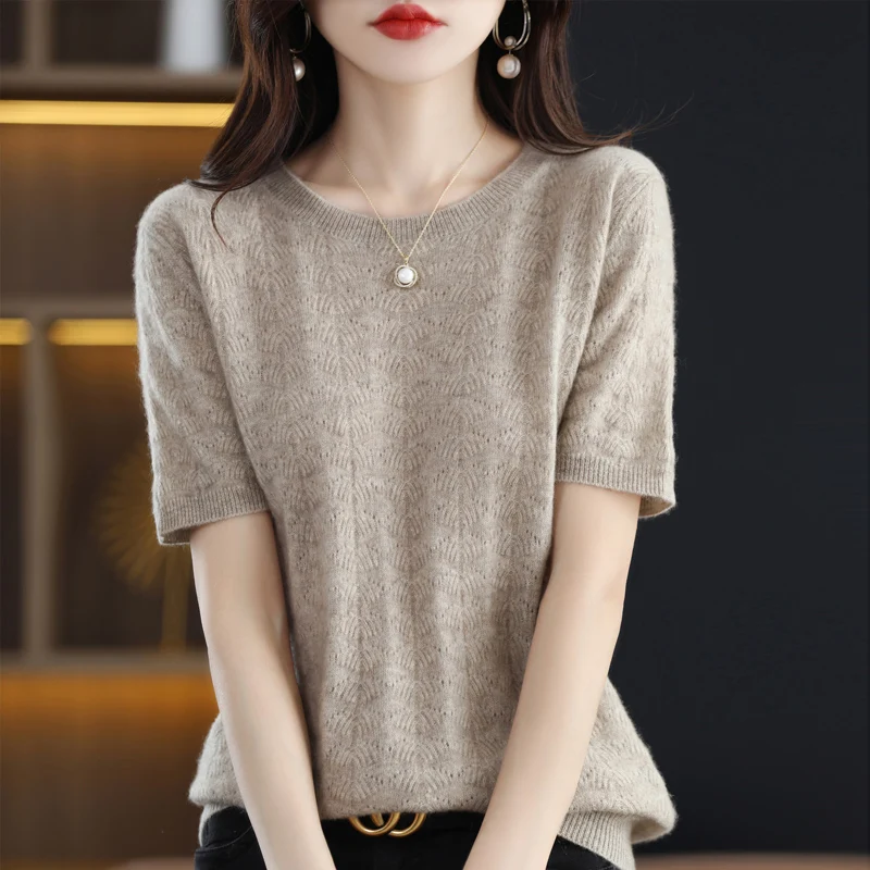 

Camel 100%Wool Sweater Women O Neck Short Sleeve Sweter Mujer Knitted Tops Spring Autumn Casual Hollow Out Fashion Slim Pullover