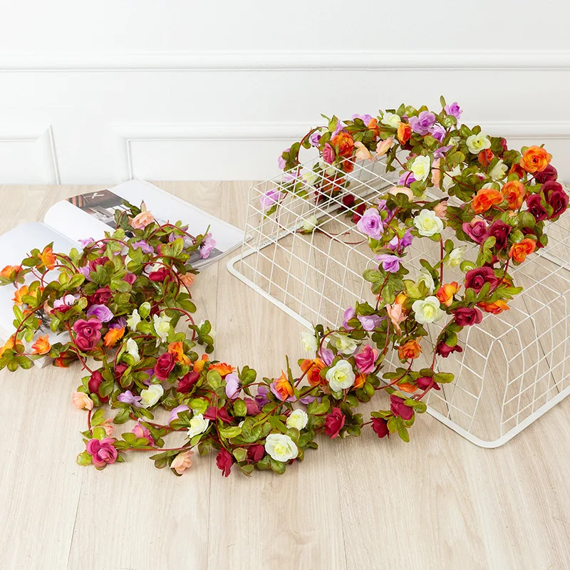 

Silk Artificial Rose Vine Hanging Flowers Rattan For Garden Balcony Wall Decoration Rattan Fake Plants Leaves Wedding Arch Decor