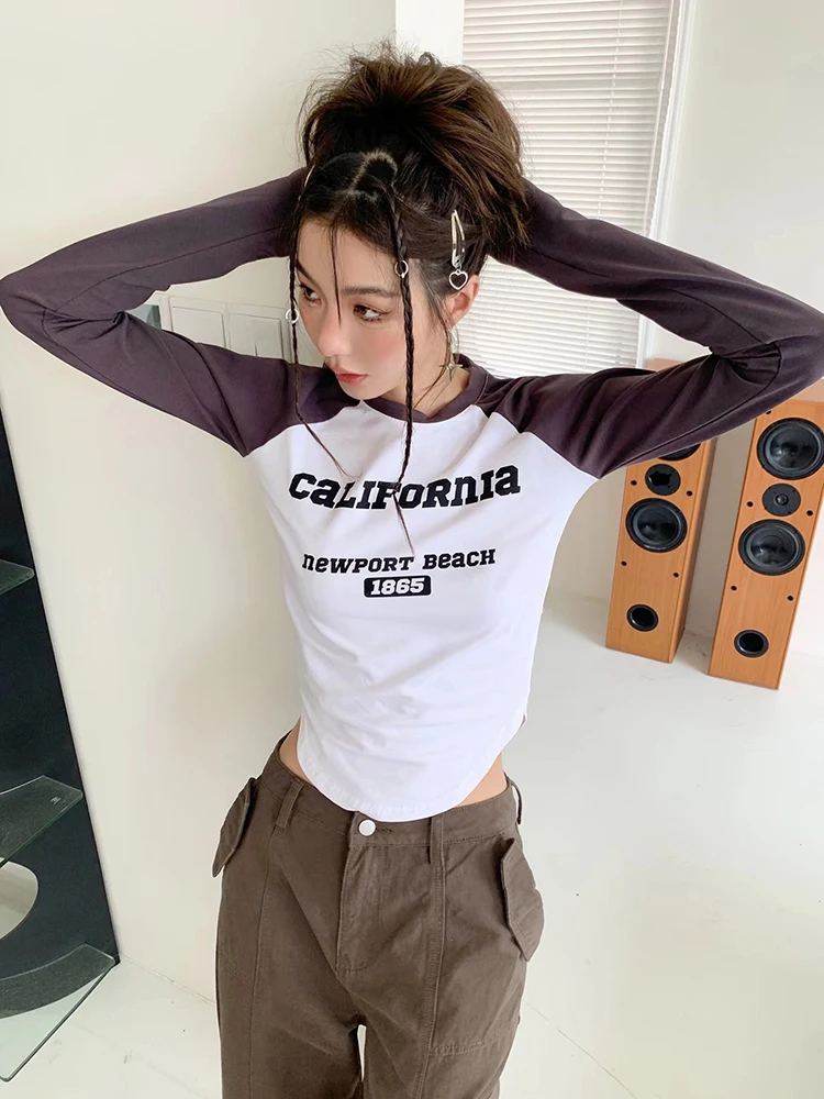 

Y2K Casual Long Sleeve Tops for Women 2022 Fall/Winter Fashion Round Neck Letter Print Bottoming Shirt Short T-Shirt Street