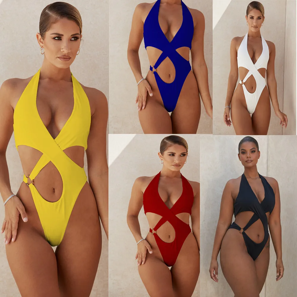 

2022 Sexy High Cut Out Halter Female Swimwear One Piece Swimsuit Women Cross Bandage Monokini Bather Bathing Suit Swim Beachwear