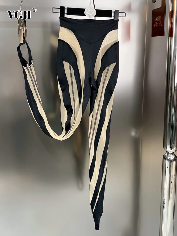 

Женские прозрачные брюки-карандаш с высокой талией VGH, привлекательные сетчатые облегающие брюки в стиле пэчворк, модная женская одежда, 2023