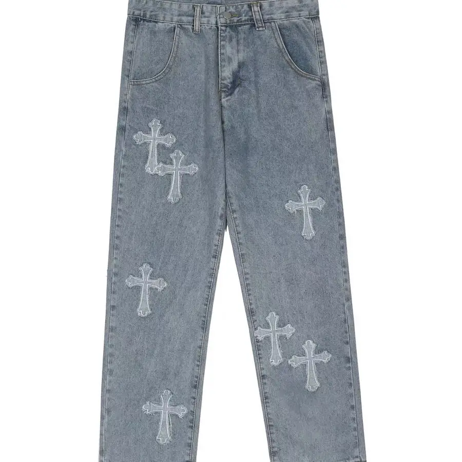 

Y2K Men's jeans European and American high street cross embroidery hip-hop tide brand straight loose wide-leg pants ins hot sale
