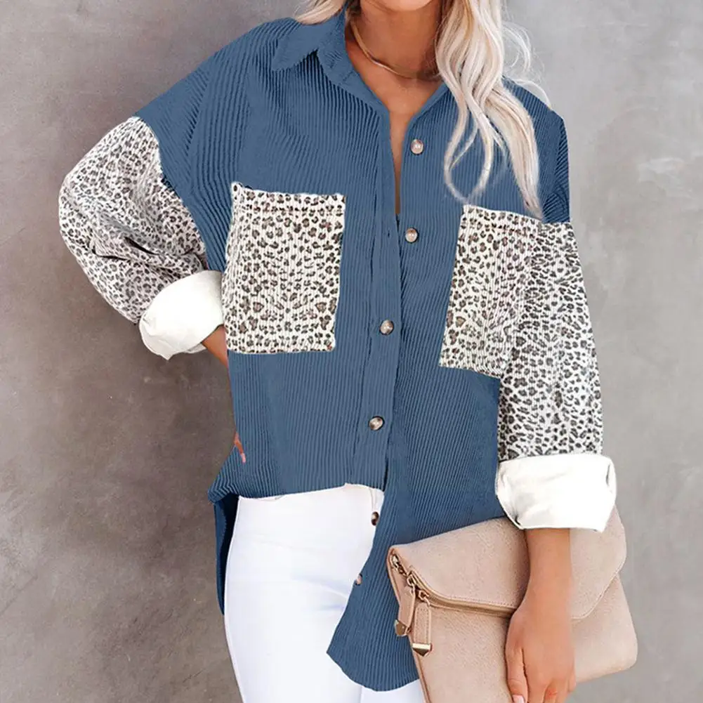 

Вельветовая рубашка с леопардовым принтом, Женская Осенняя/зимняя туника, Топ с длинным рукавом и лацканами на пуговицах I4e0