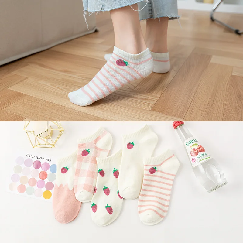 

Женские короткие носки 5 парт/Лот, летние розовые носки в стиле Харадзюку с рисунками зверей и клубники, новинка, женские забавные Повседнев...