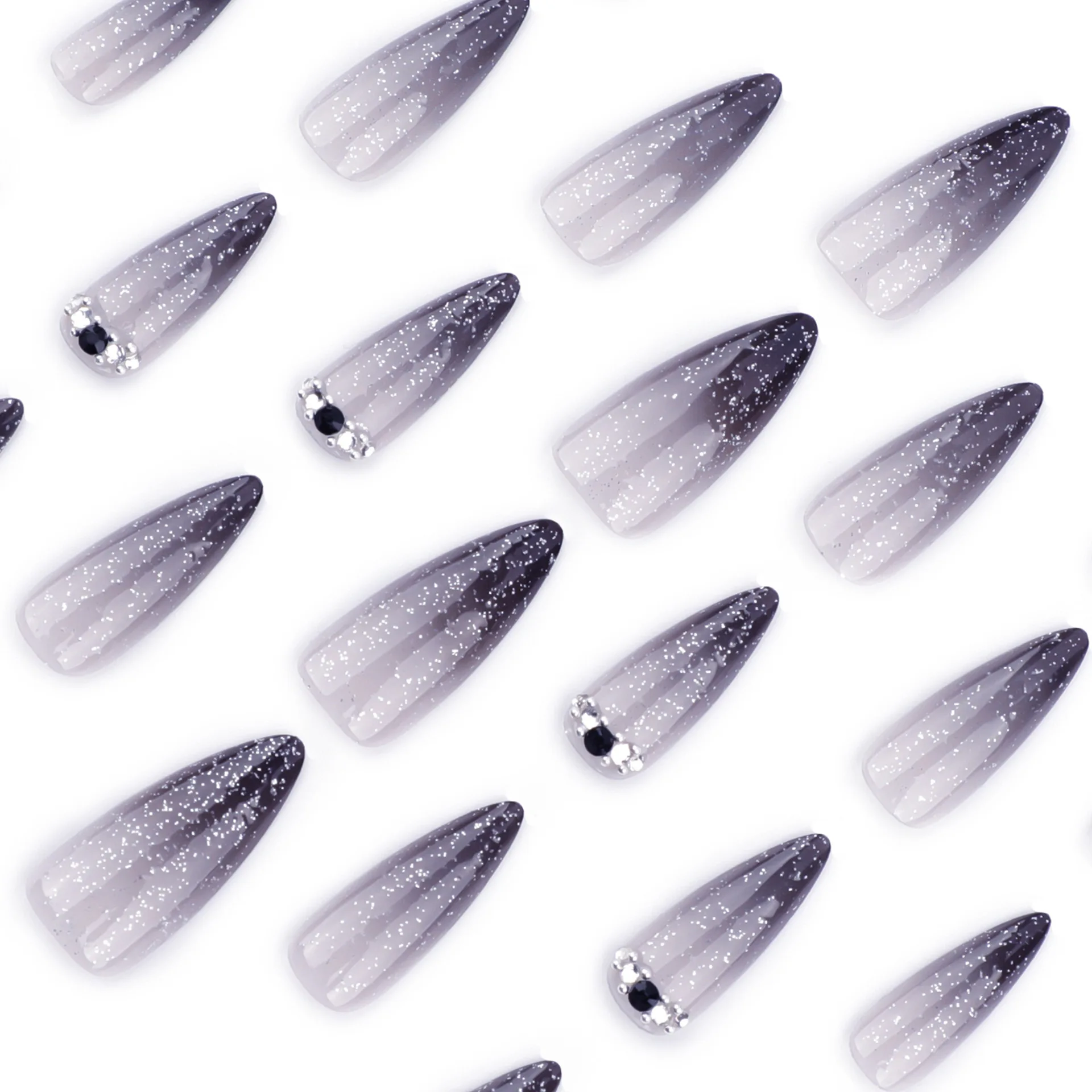 Фото 24 шт. Y2k Long Stiletto Press On Nails Gradient Black French Style Flash Sequins Fake Nai Diamond Decor Накладные ногти для горячих девушек №3