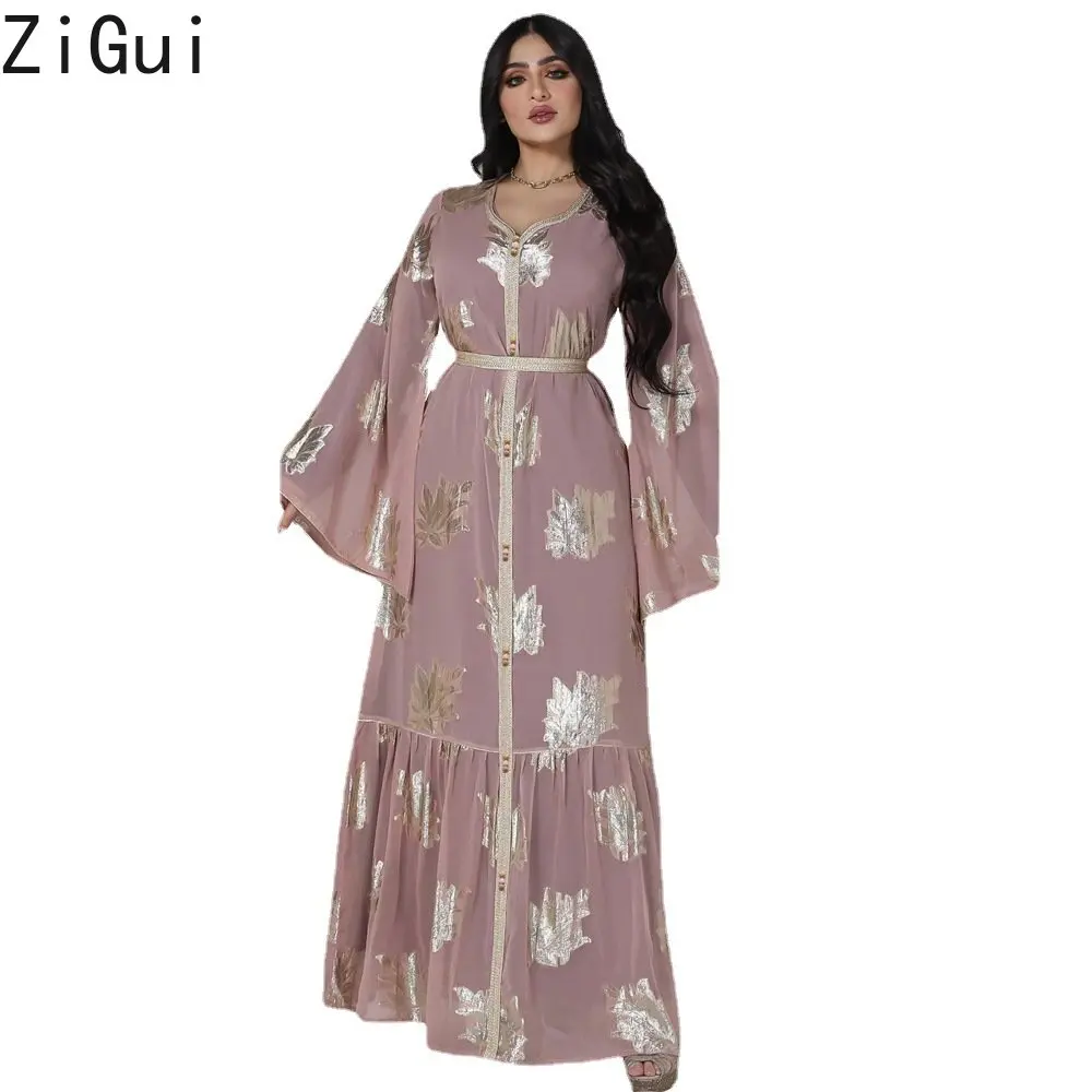 Zigui Robe Kaftan Dubai Pink Chiffon Gold Belted Floral Bronzing Print Long Sleeve Evening Party Dresses For Women