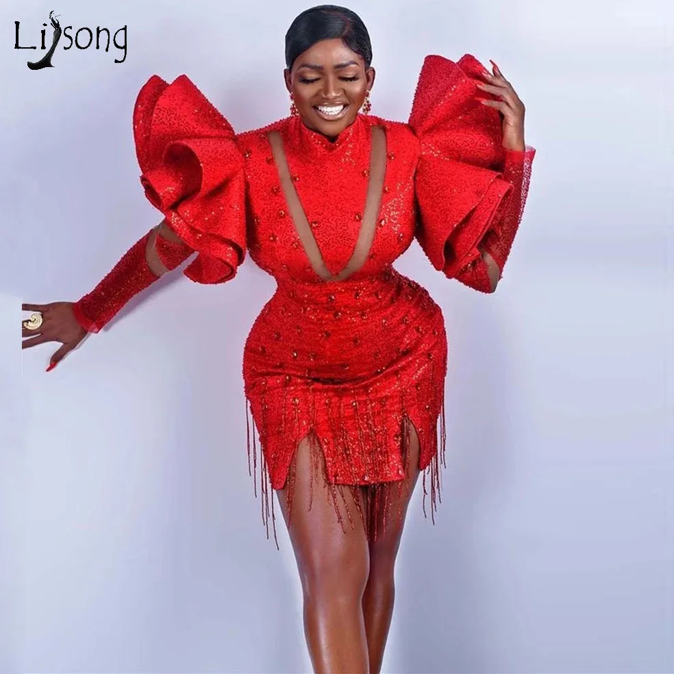 

Sparkly Red Sequined Cocktail Dresses Mini Ruffles Tassels Short Prom Dress for Black Girls Birthday Paty Gowns Custom Made