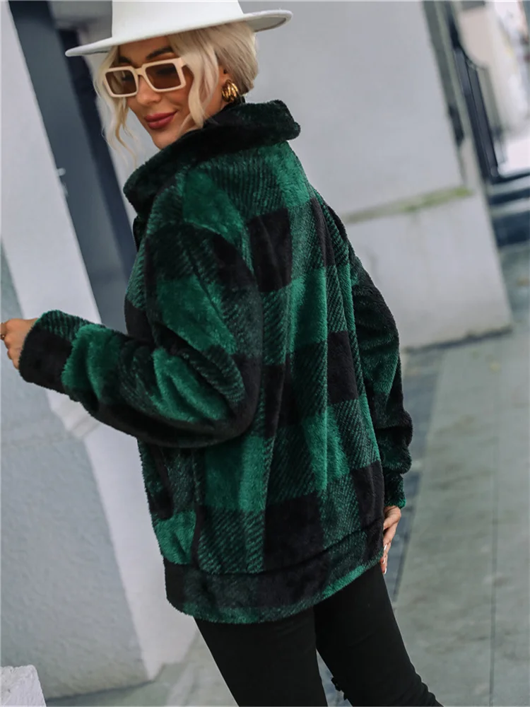 American Autumn and Winter Women's Long Sleeve Stand Collar Plaid Regular Medium Long Comfortable Casual Plush Zipper Fur Coat