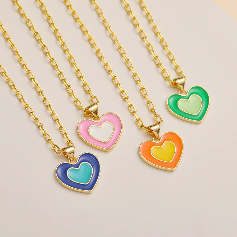 

Fashion Heart Necklaces Colorful Copper 18K Gold Oil Drip Wedding Double Layer Love Pendant Necklaces Jewelry For Womens Girls