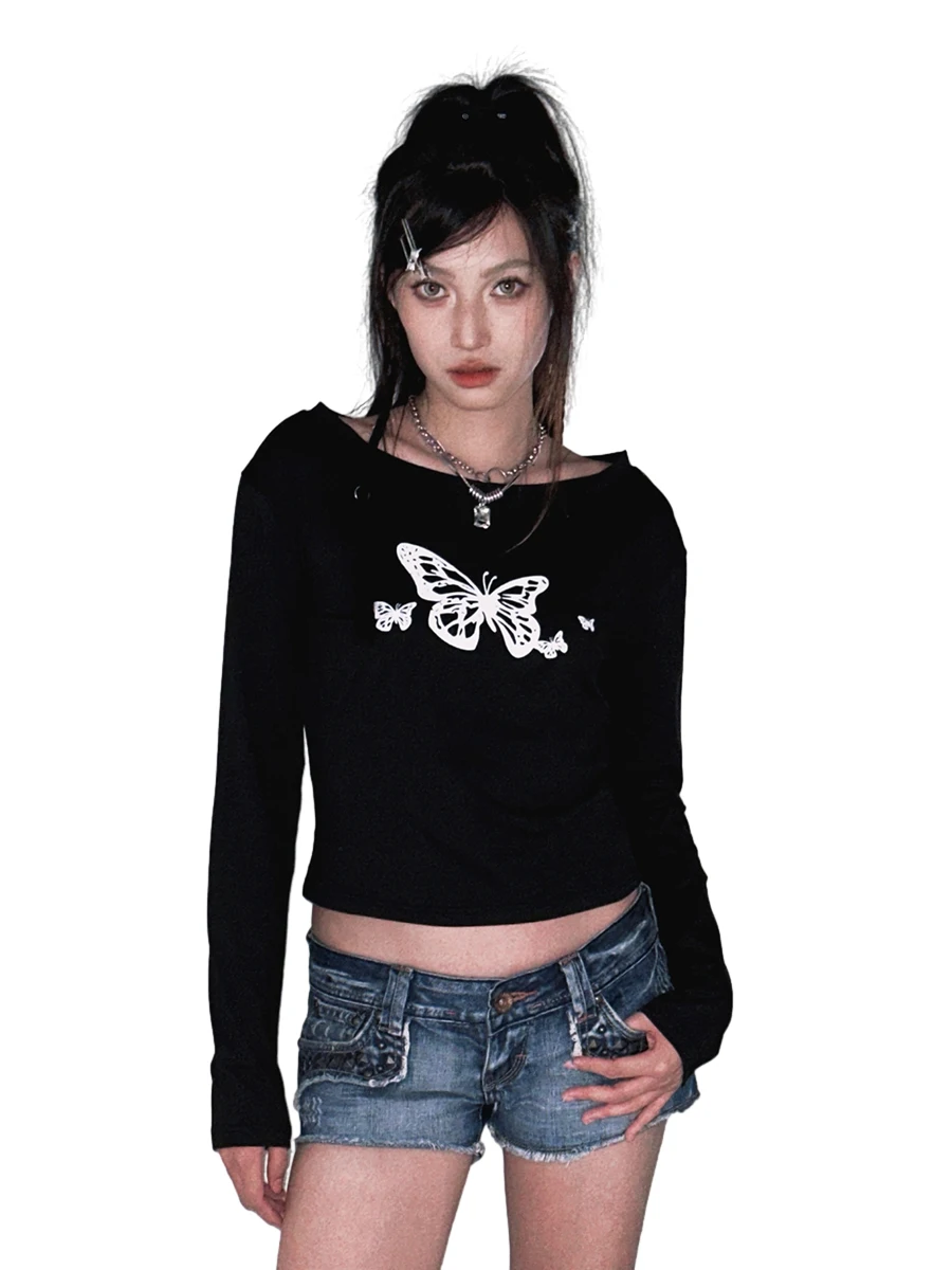 

Женские укороченные топы в стиле панк, приталенная Готическая футболка с длинным рукавом и принтом бабочки, Повседневная Осенняя уличная одежда