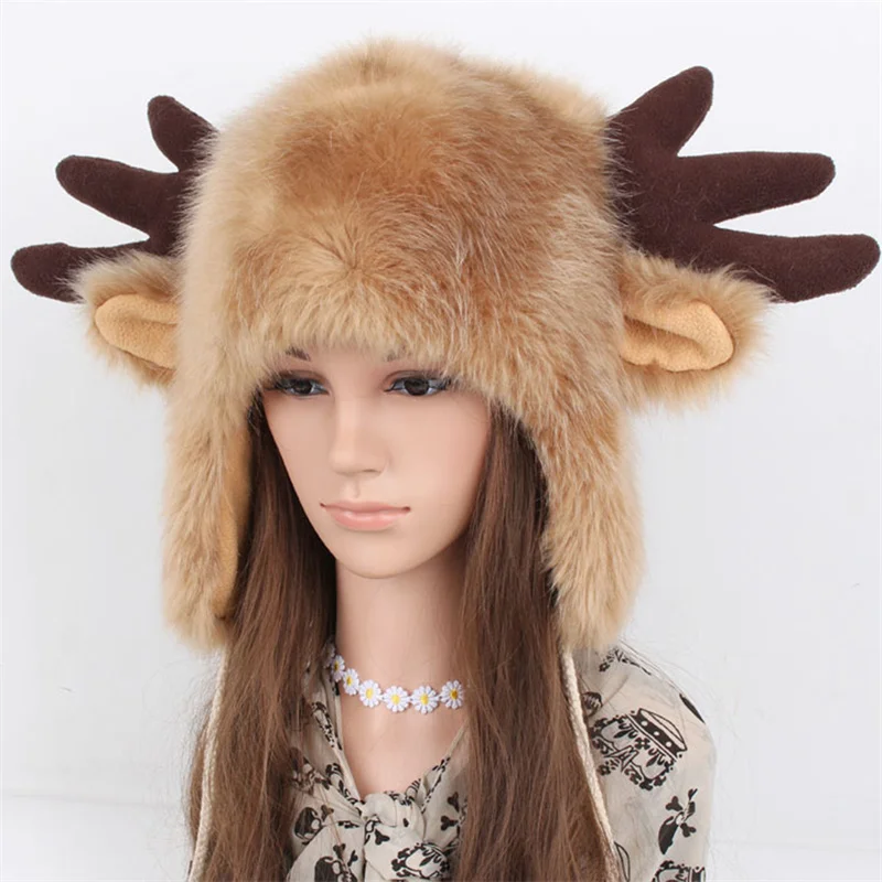 

Autumn Winter Super Cute Windproof Cartoon Antler Hat Faux Fur with Velvet Russian Hat Deer Head Solid Warm Earmuffs Ear Caps
